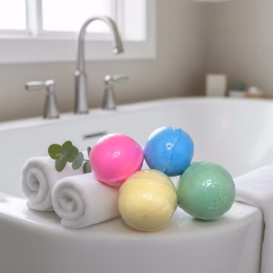 Handcrafted bath bombs in multiple colors next to a bath