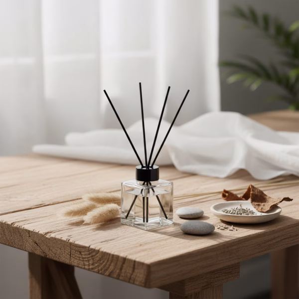120ml Reed Diffuser with rattan sticks on a white shelf in a modern living room